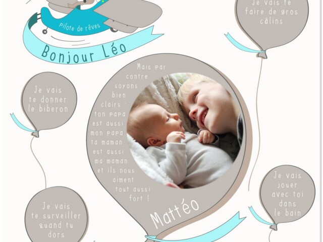 Toile ptit frere avion avec photo 1365809391 1 Atelier Baby’Sphère - Cadre photo arrivée p'tit frère thème aviateur