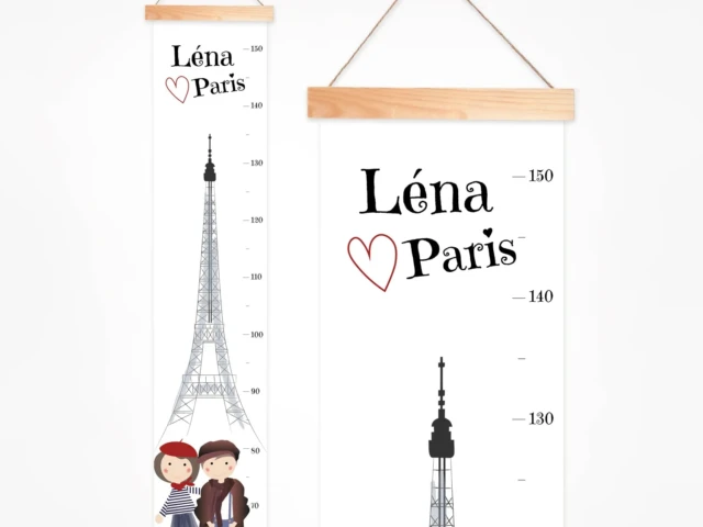 Toise tissu Paris avec zoom Atelier Baby’Sphère - Toise sur le thème de Paris où l'art de grandir à la française