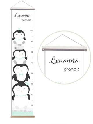 L’Atelier BABY’SPHERE - Toise bébé personnalisée pingouins sur la banquise