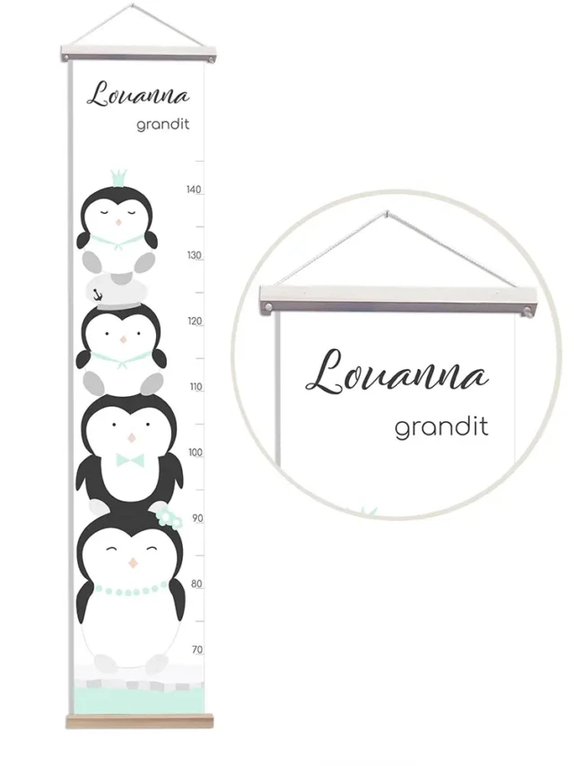 L’Atelier BABY’SPHERE - Toise bébé personnalisée pingouins sur la banquise
