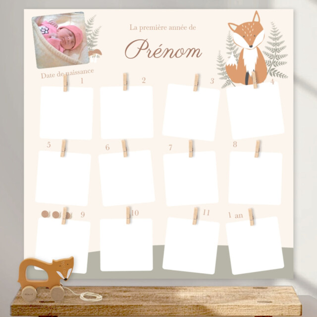customall - Cadre photo première année personnalisé – Thème animaux de la forêt – 13 photos / Oui