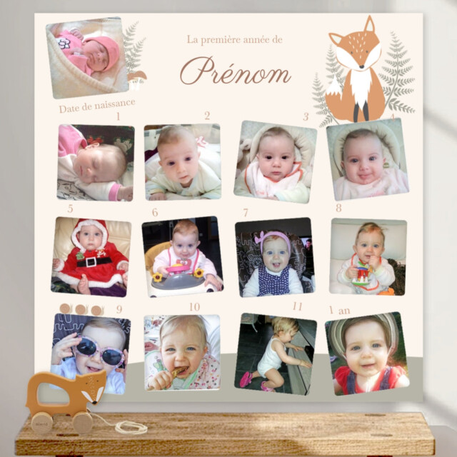 customall - Cadre photo première année personnalisé – Thème animaux de la forêt – 13 photos / Oui