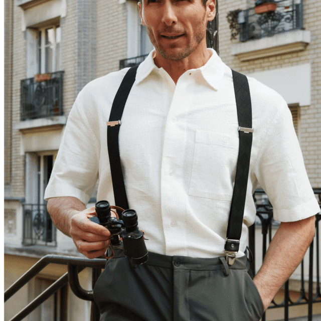 Pierrot - Bretelles à Carreaux Finitions Cuir – Noir