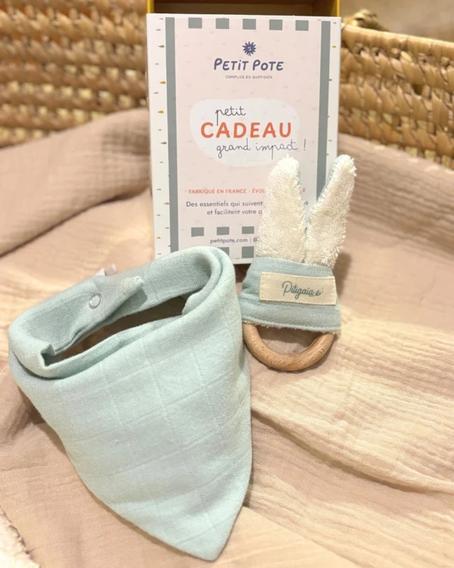 Petit Pote - Coffret naissance Hochet Lapin + Bavoir – Taille unique / Ciel