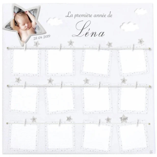 L’Atelier BABY’SPHERE - Cadre photo première année personnalisé – Thème Nuages & Étoiles