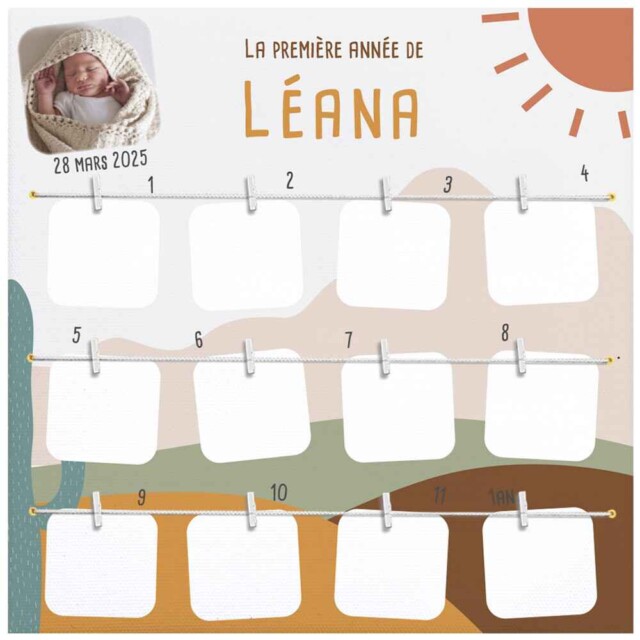 L’Atelier BABY’SPHERE - Cadre photo personnalisé de la première année de bébé – Thème Lama