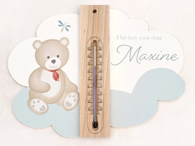 Atelier Baby’Sphère - Cadre thermomètre mural du petit ours brun pour chambre de bébé