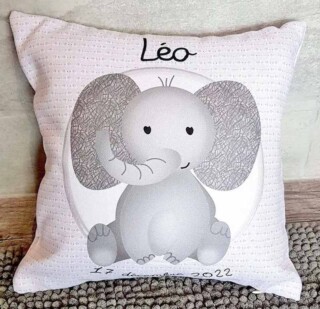 L’Atelier BABY’SPHERE - Coussin éléphant bébé personnalisé gris