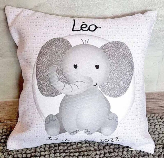 L’Atelier BABY’SPHERE - Coussin éléphant bébé personnalisé gris