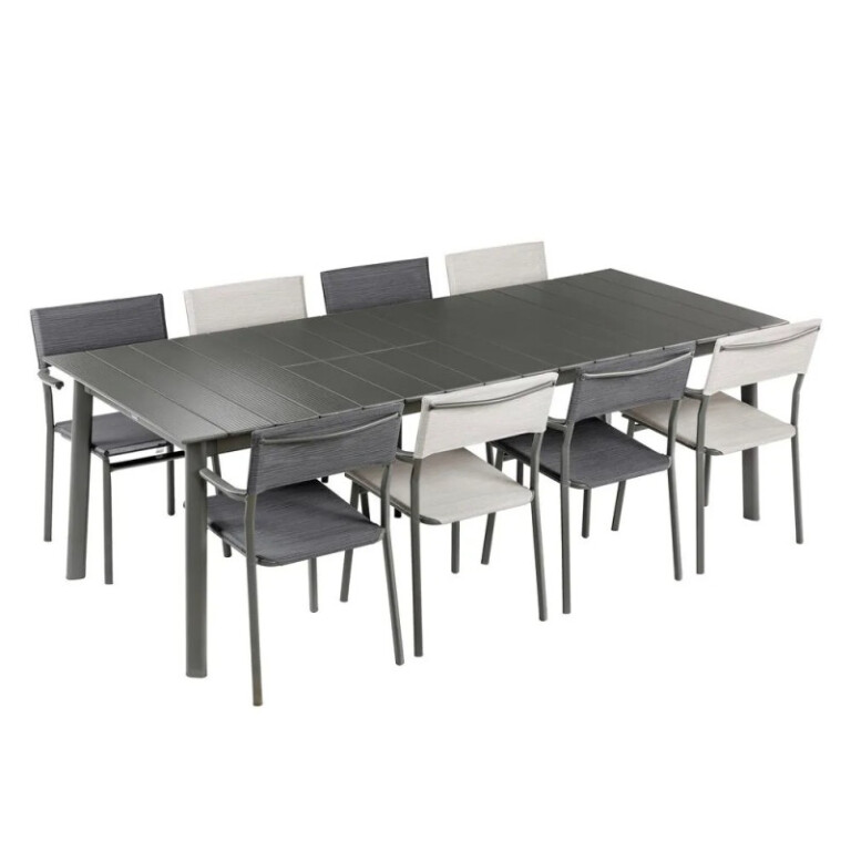 LAFUMA MOBILIER - Ensemble LAFUMA MOBILIER table de repas extensible et 8 fauteuils de jardin Oron ALU 8-10 personnes GRIS TITANE