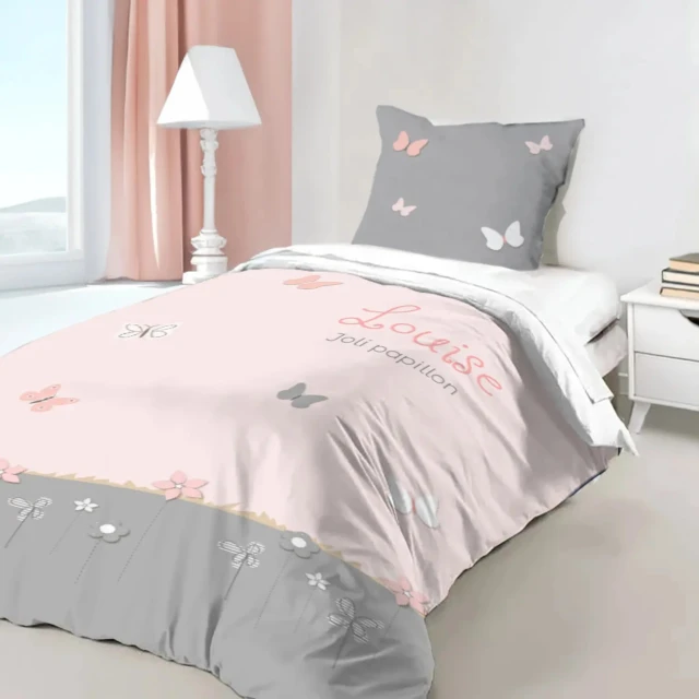 L’Atelier BABY’SPHERE - Housse de couette papillons personnalisée rose poudré et grise