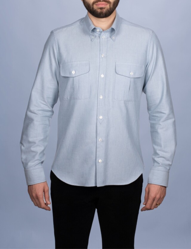 La Chemise Française - Chemise Alpine - Flanelle Bleu Glacier - Col Boutonné & Poches à Soufflets – 2XL