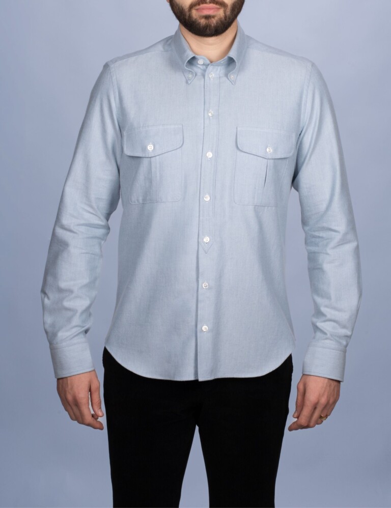 La Chemise Française - Chemise Alpine - Flanelle Bleu Glacier - Col Boutonné & Poches à Soufflets – 2XL