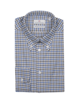 La Chemise Française - Chemise Flanelle Carreaux Bleu/Gris  Col Boutonné
