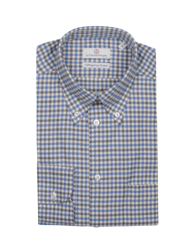 La Chemise Française - Chemise Flanelle Carreaux Bleu/Gris – Col Boutonné