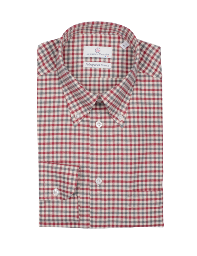 Chemise Flanelle Carreaux Rouge/Gris – Col Boutonné par la marque La Chemise Française La Chemise Française - Chemise Flanelle Carreaux Rouge/Gris – Col Boutonné