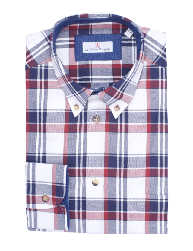 La Chemise Française - Chemise Flanelle Carreaux Bleu/Blanc/Rouge – Col Boutonné