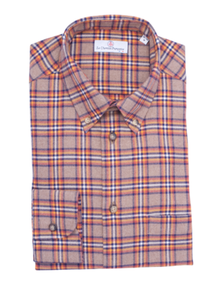 La Chemise Française - Chemise Flanelle Carreaux Camel/Orange  Col Boutonné
