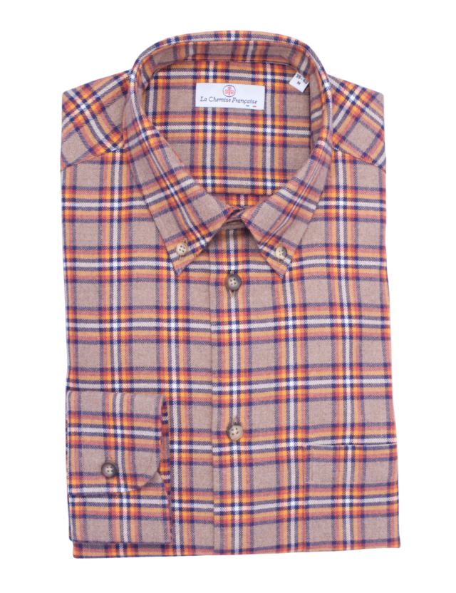La Chemise Française - Chemise Flanelle Carreaux Camel/Orange – Col Boutonné