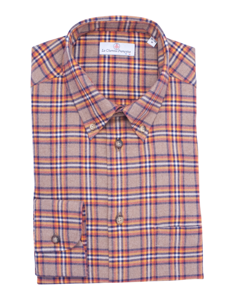 La Chemise Française - Chemise Flanelle Carreaux Camel/Orange - Col Boutonné – 2XL