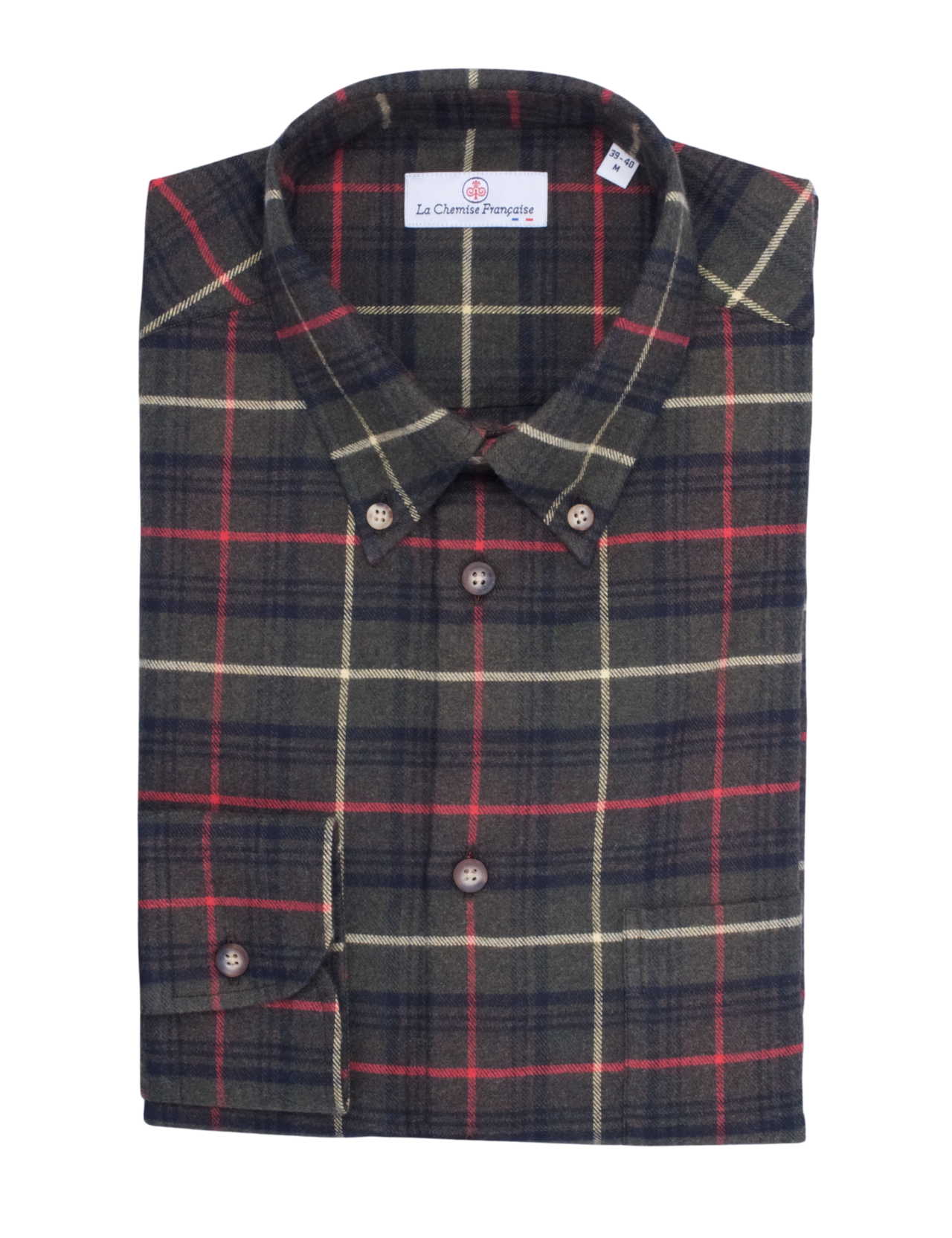 la chemise francaise chemise flanelle chaude carreaux kaki pliee La Chemise Française - Chemise Flanelle Carreaux Kaki - Col Boutonné – 3XL