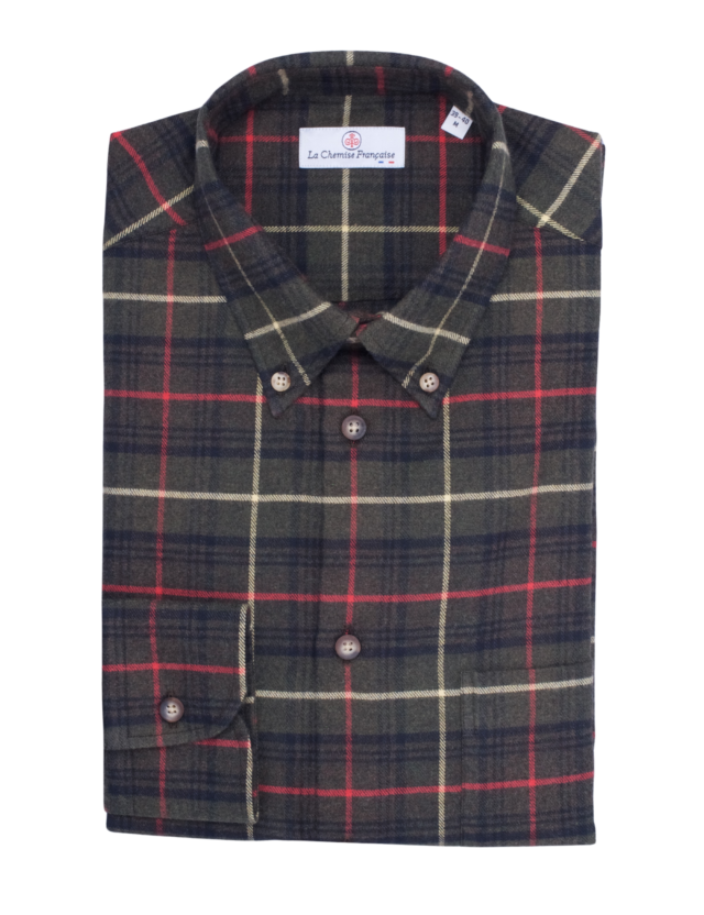 Chemise Flanelle Carreaux Kaki – Col Boutonné par la marque La Chemise Française La Chemise Française - Chemise Flanelle Carreaux Kaki – Col Boutonné