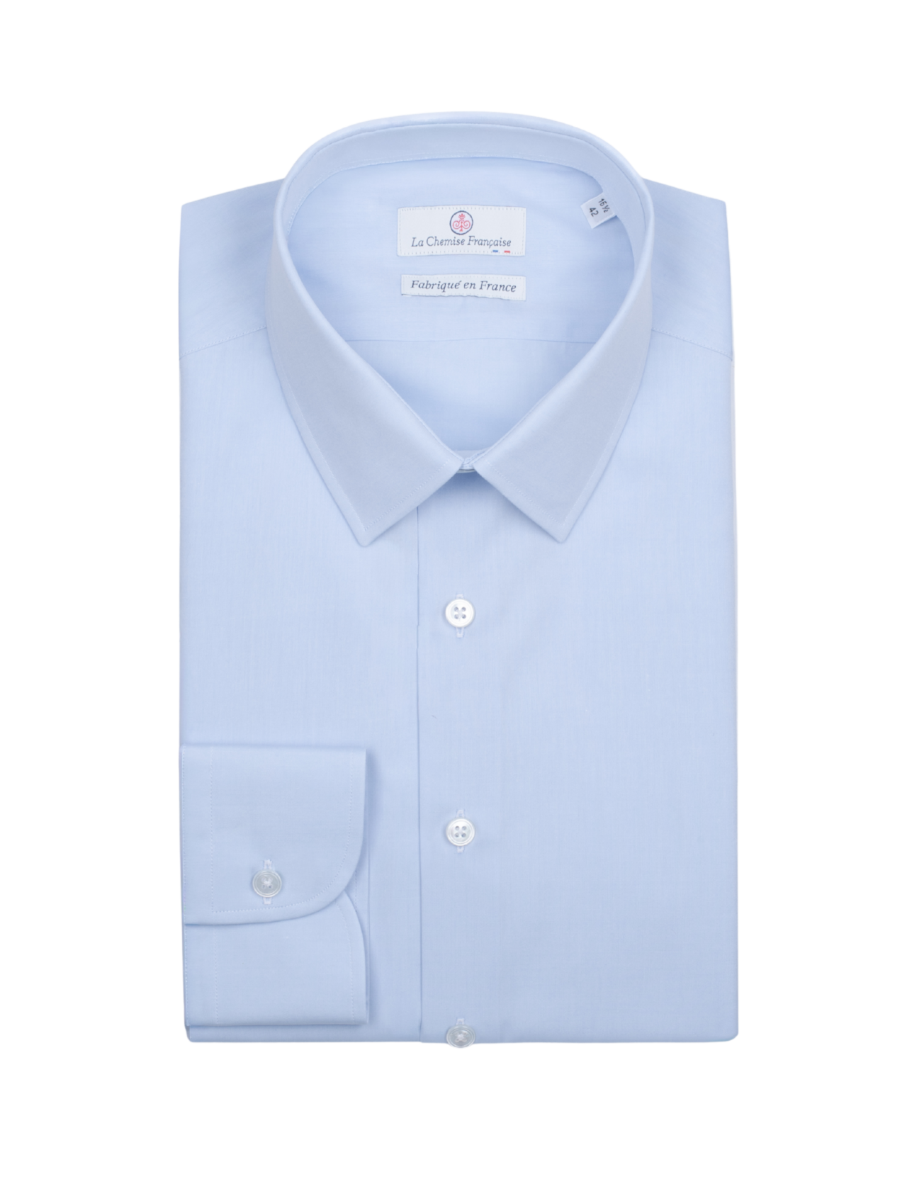 la chemise francaise chemise homme bleu ciel popeline double retors col francais pliee La Chemise Française - Chemise Bleu Ciel Popeline Double Retors - Col Français – Droite / 50 / Mousquetaires +18€ (pour boutons de manchettes)