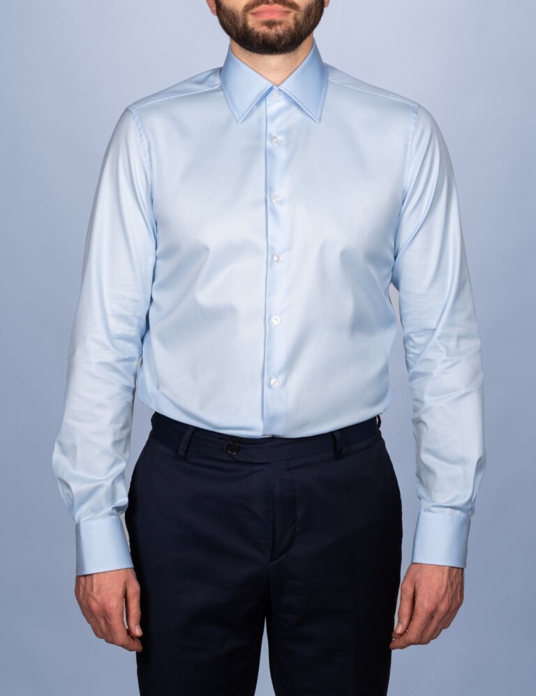 La Chemise Française - Chemise Bleu Ciel Twill Fin "Elysée" - Col Français – Droite / 50 / Mousquetaires +18€ (pour boutons de manchettes)