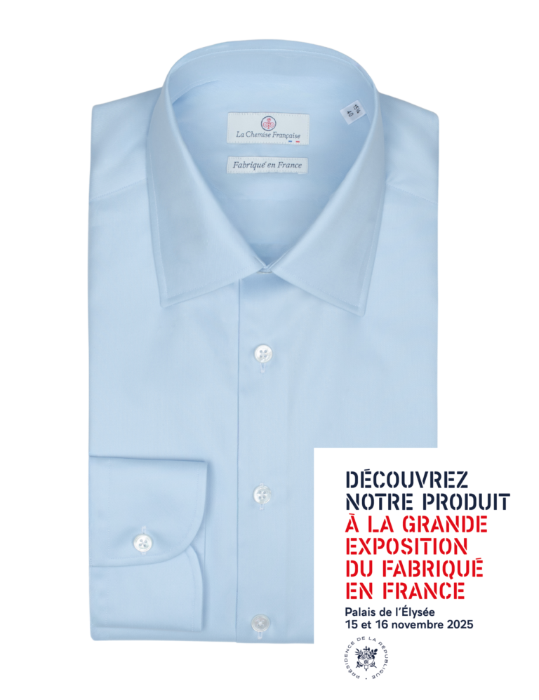La Chemise Française - Chemise Bleu Ciel Twill Fin "Elysée" - Col Français – Droite / 50 / Mousquetaires +18€ (pour boutons de manchettes)