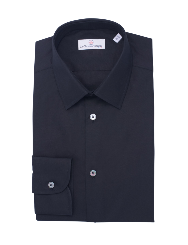 La Chemise Française - Chemise Noire Popeline Double Retors - Col Français – Droite / 50