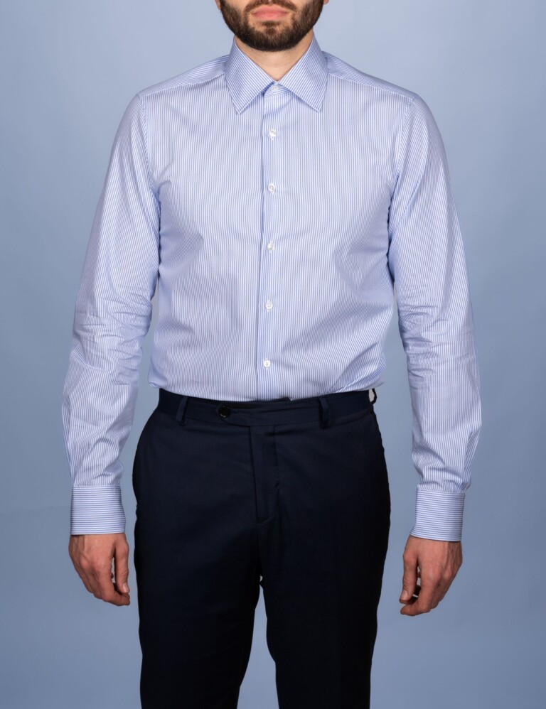 La Chemise Française - Chemise Rayure Fine Bleu Ciel 2mm - Col Français – Droite / 50 / Mousquetaire