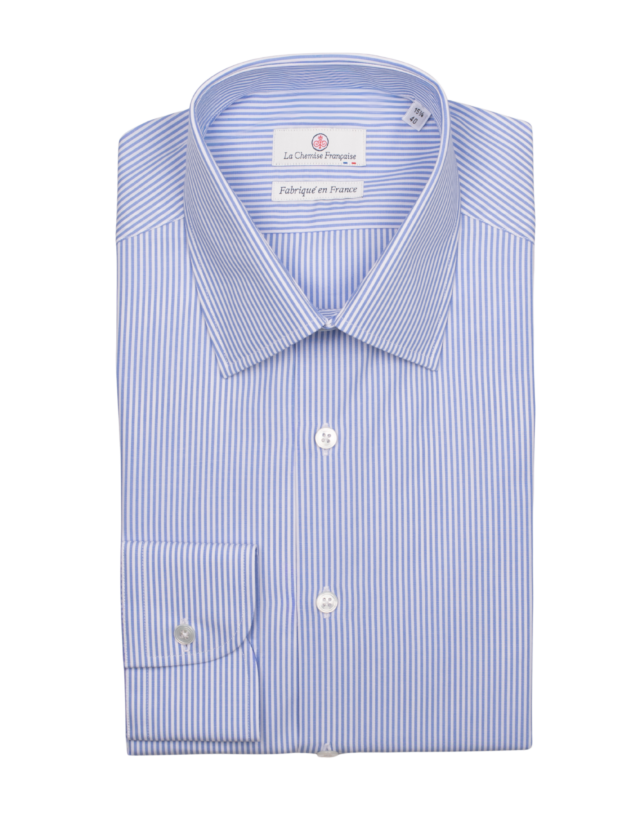 La Chemise Française - Chemise Rayure Fine Bleu Ciel 2mm - Col Français – Droite / 50
