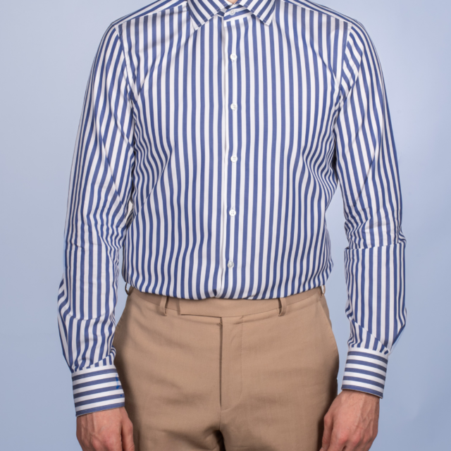 La Chemise Française - Chemise Rayure Bâton Bleue 7mm - Col Italien – Ajustée / 46