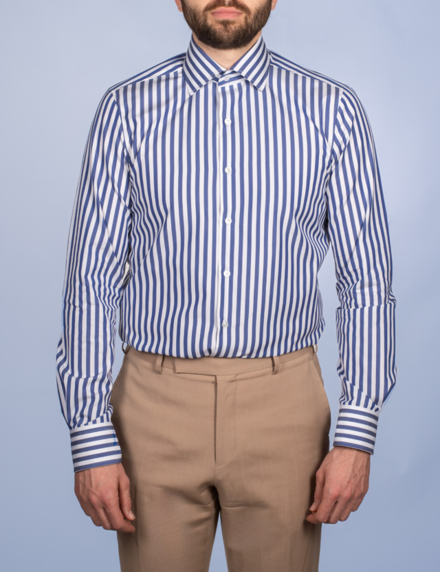 La Chemise Française - Chemise Rayure Bâton Bleue 7mm - Col Italien – Ajustée / 46