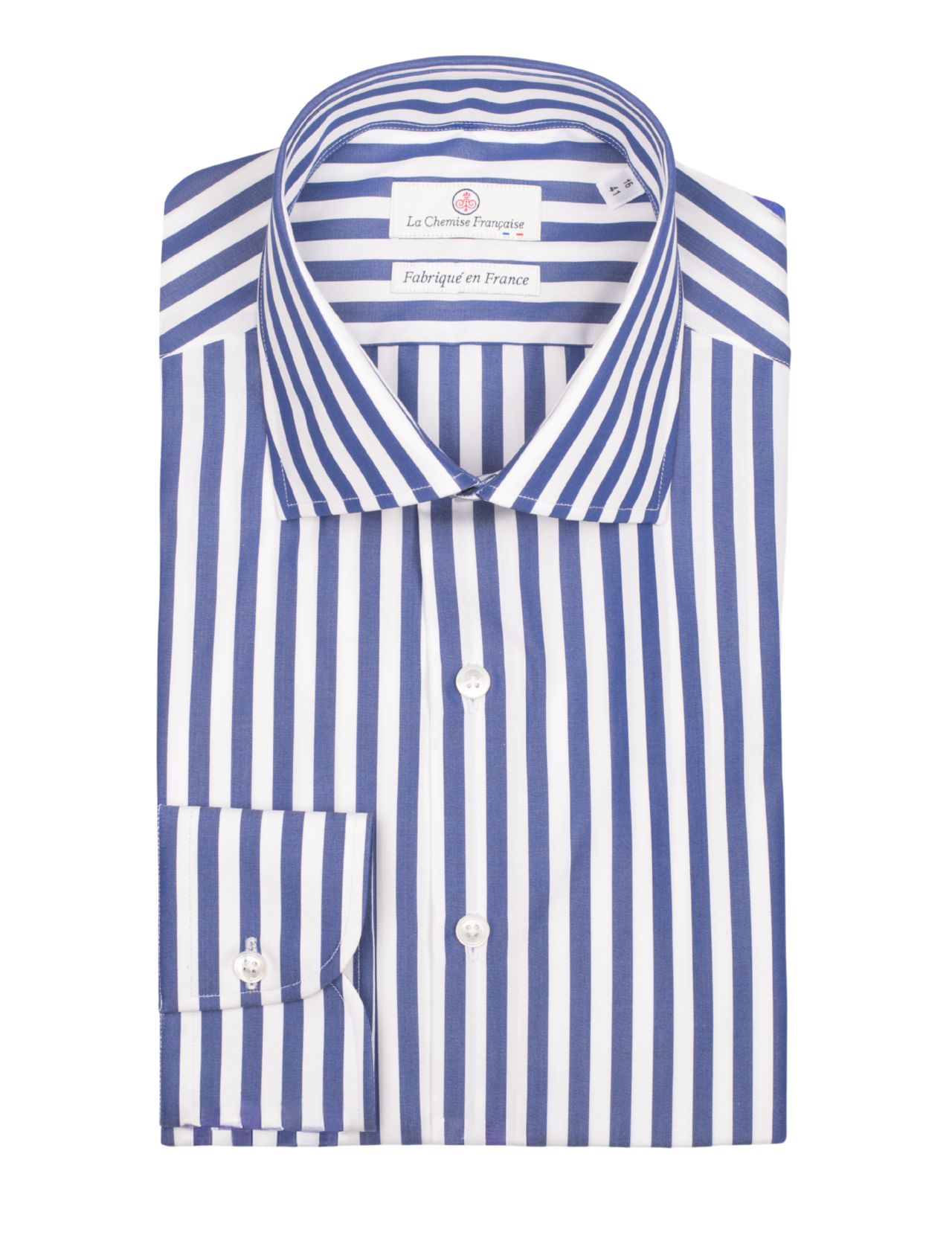la chemise francaise chemise rayure baton bleu 7mm col italien pliee La Chemise Française - Chemise Rayure Bâton Bleue 7mm - Col Italien – Ajustée / 46