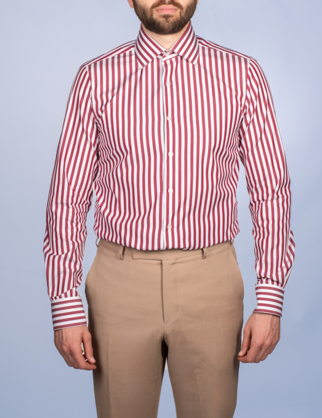 La Chemise Française - Chemise Rayure Bâton Bourgogne 7mm - Col Italien – Ajustée / 46