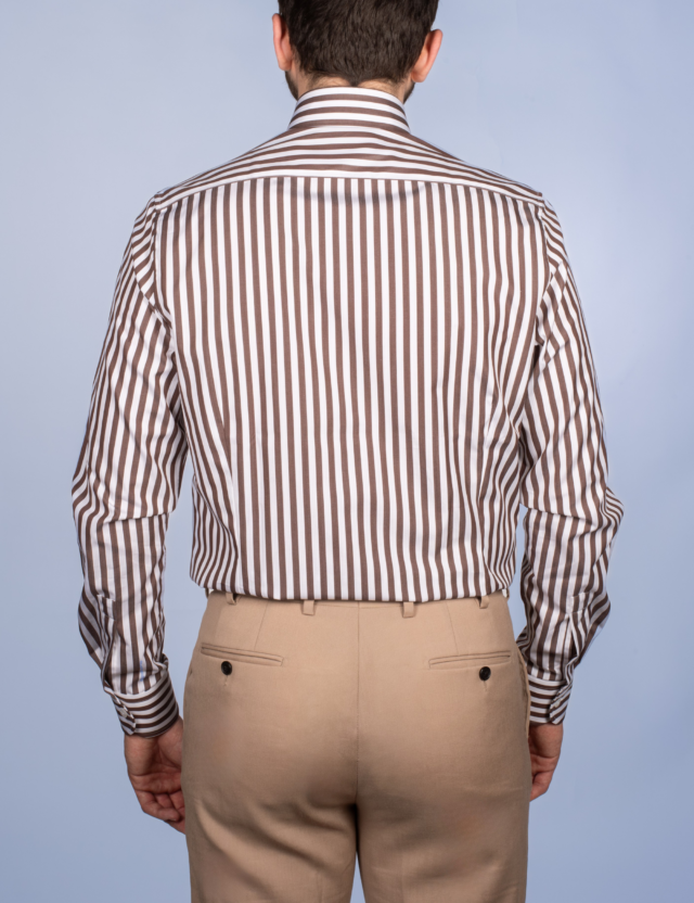 La Chemise Française - Chemise Rayure Bâton Chocolat 7mm - Col Italien – Ajustée / 46