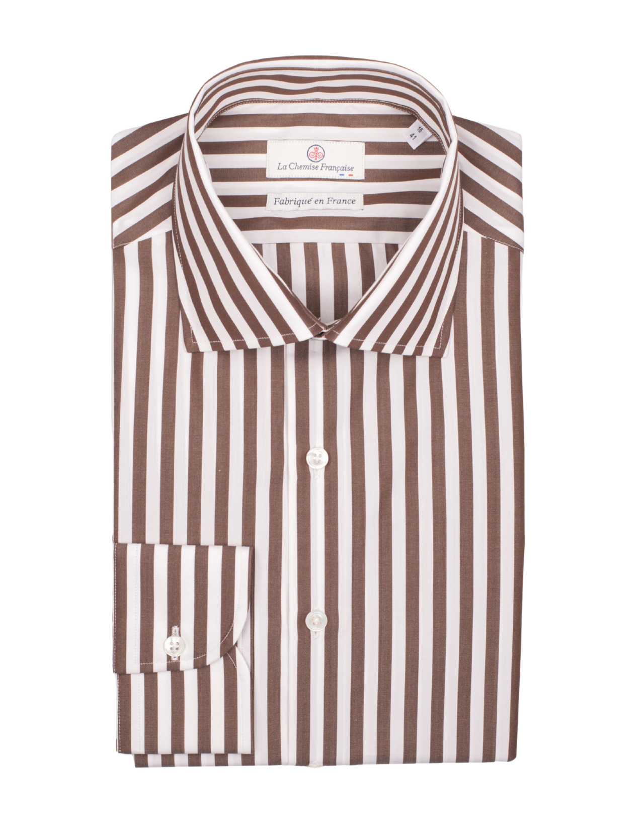 la chemise francaise chemise rayure baton chocolat 7mm col italien pliee La Chemise Française - Chemise Rayure Bâton Chocolat 7mm - Col Italien – Ajustée / 46