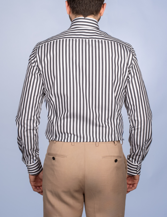 La Chemise Française - Chemise Rayure Bâton Noire 7mm - Col Italien – Ajustée / 46