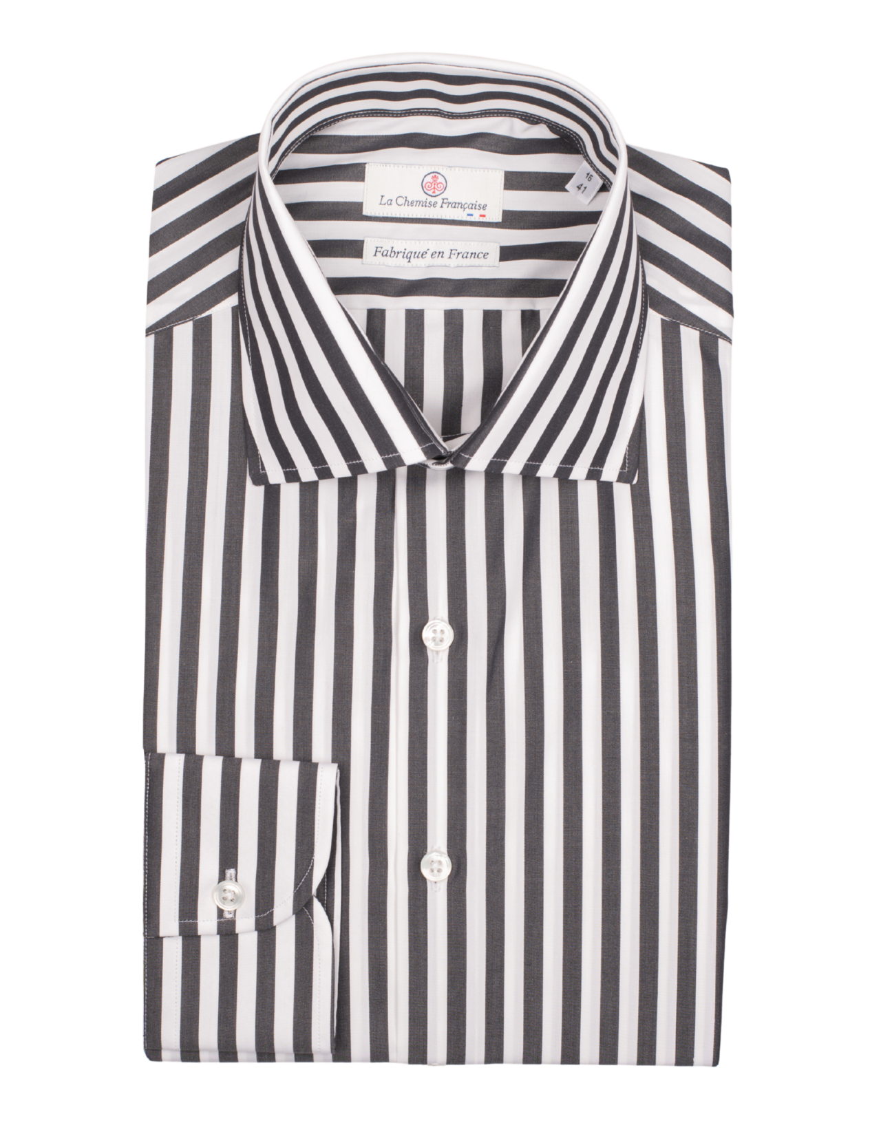 la chemise francaise chemise rayure baton noire 7mm col italien pliee La Chemise Française - Chemise Rayure Bâton Noire 7mm - Col Italien – Ajustée / 46