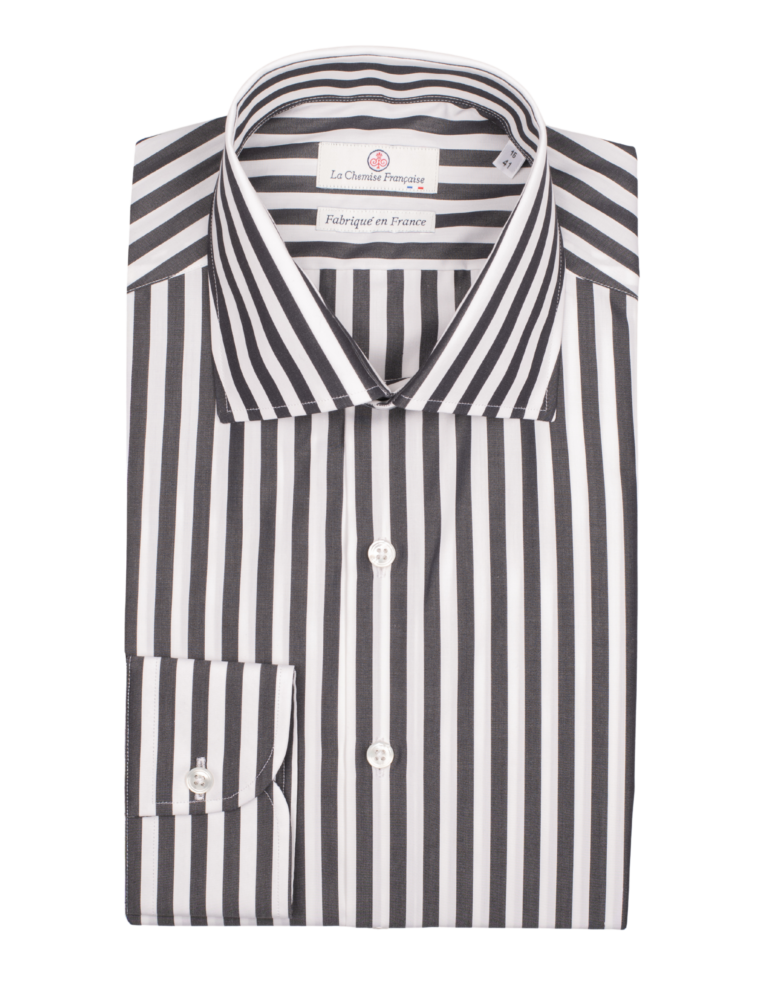 La Chemise Française - Chemise Rayure Bâton Noire 7mm - Col Italien – Ajustée / 46