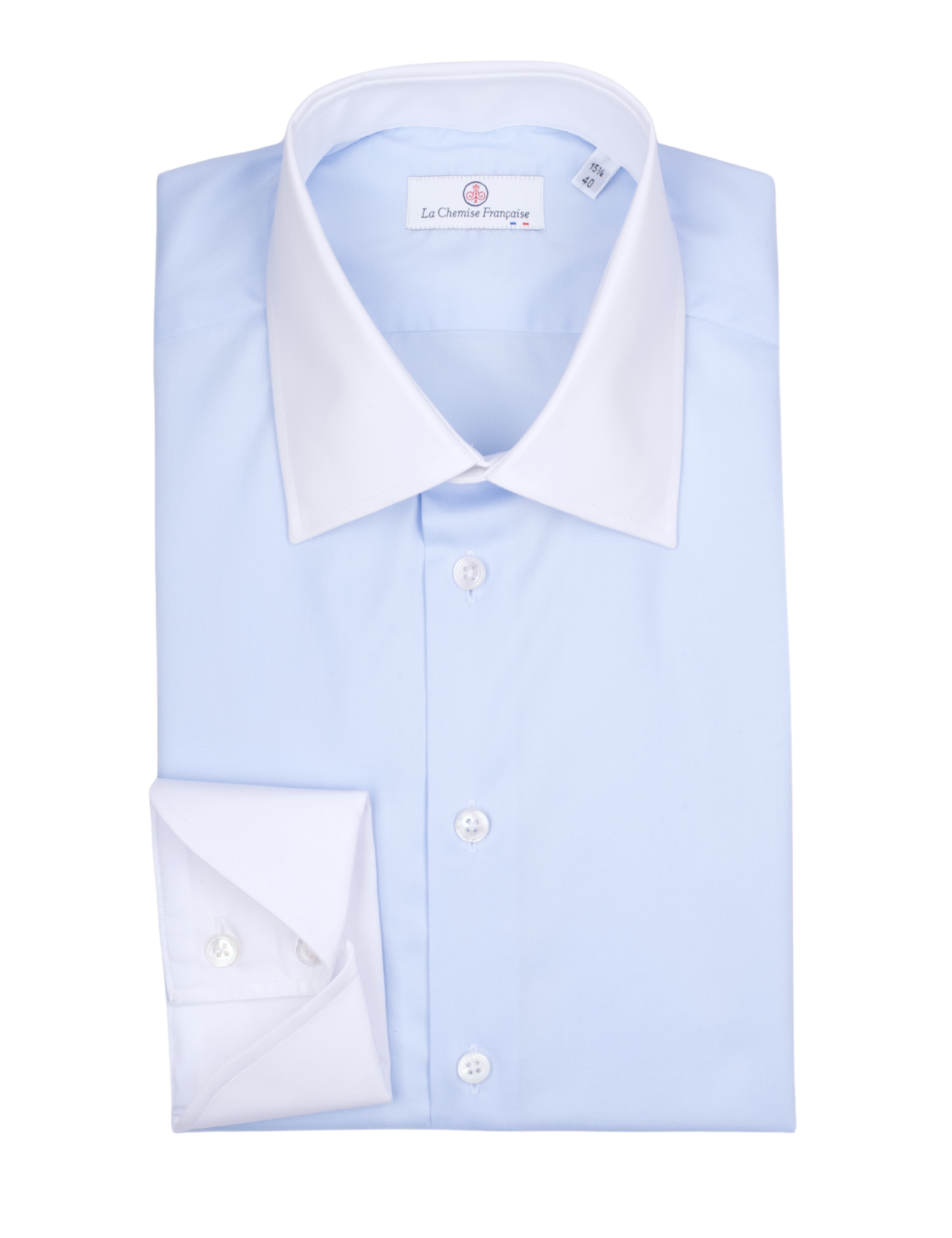 la chemise francaise chemise virtuose col francais poignets napolitains bleu ciel opposition blanc pliee La Chemise Française - Chemise Virtuose Bleu Ciel/Blanche – Droite / 50