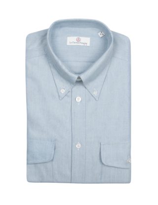 La Chemise Française - Chemise Alpine – Flanelle Bleu Glacier – Col Boutonné & Poches à Soufflets