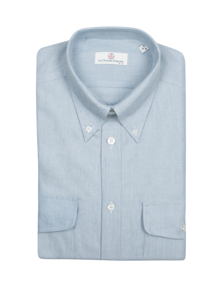 La Chemise Française - Chemise Alpine - Flanelle Bleu Glacier - Col Boutonné & Poches à Soufflets – 2XL