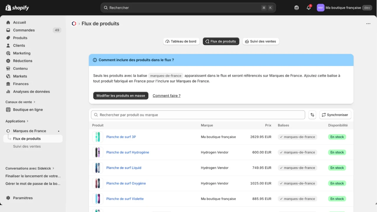 Marques de France - Application Shopify - Flux de produits