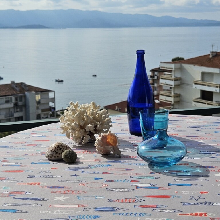 nappe enduite poissons bleu rouge Fleur de Soleil - Nappe enduite Poissons bleu rouge