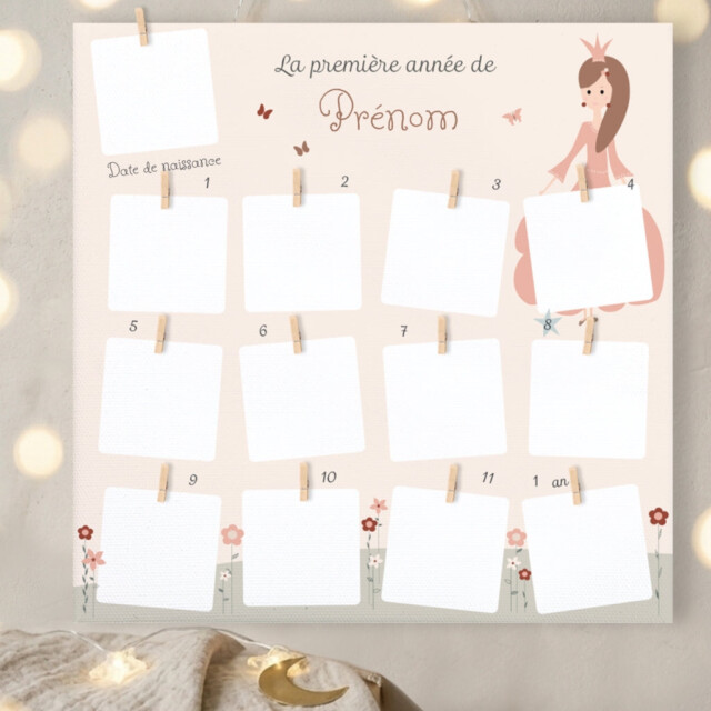 L’Atelier BABY’SPHERE - Cadre photo première année personnalisé – Thème Princesse (collection Rêves enchantés)