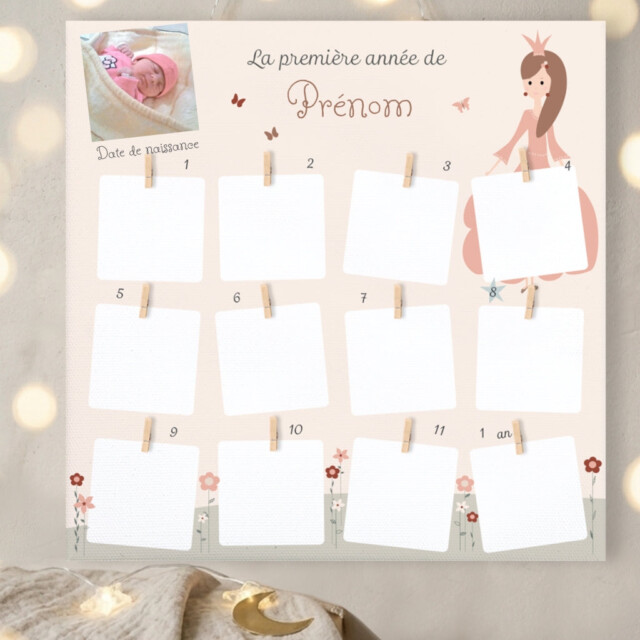 customall - Cadre photo première année personnalisé – Thème Princesse (collection Rêves enchantés) – 13 photos / Oui