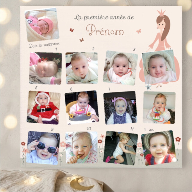 customall - Cadre photo première année personnalisé – Thème Princesse (collection Rêves enchantés) – 13 photos / Oui