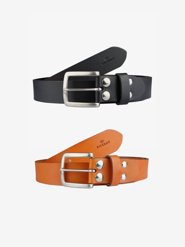 Pierrot - Pack de 2 ceintures en cuir noir et camel